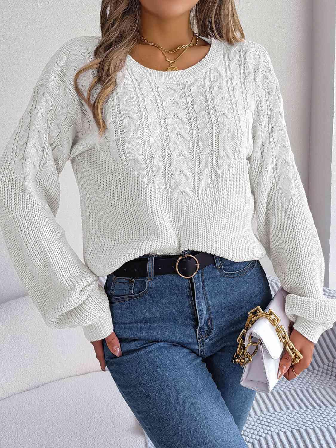 Cozy Choice Cable Knit Crew Neck Sweater-MXSTUDIO.COM