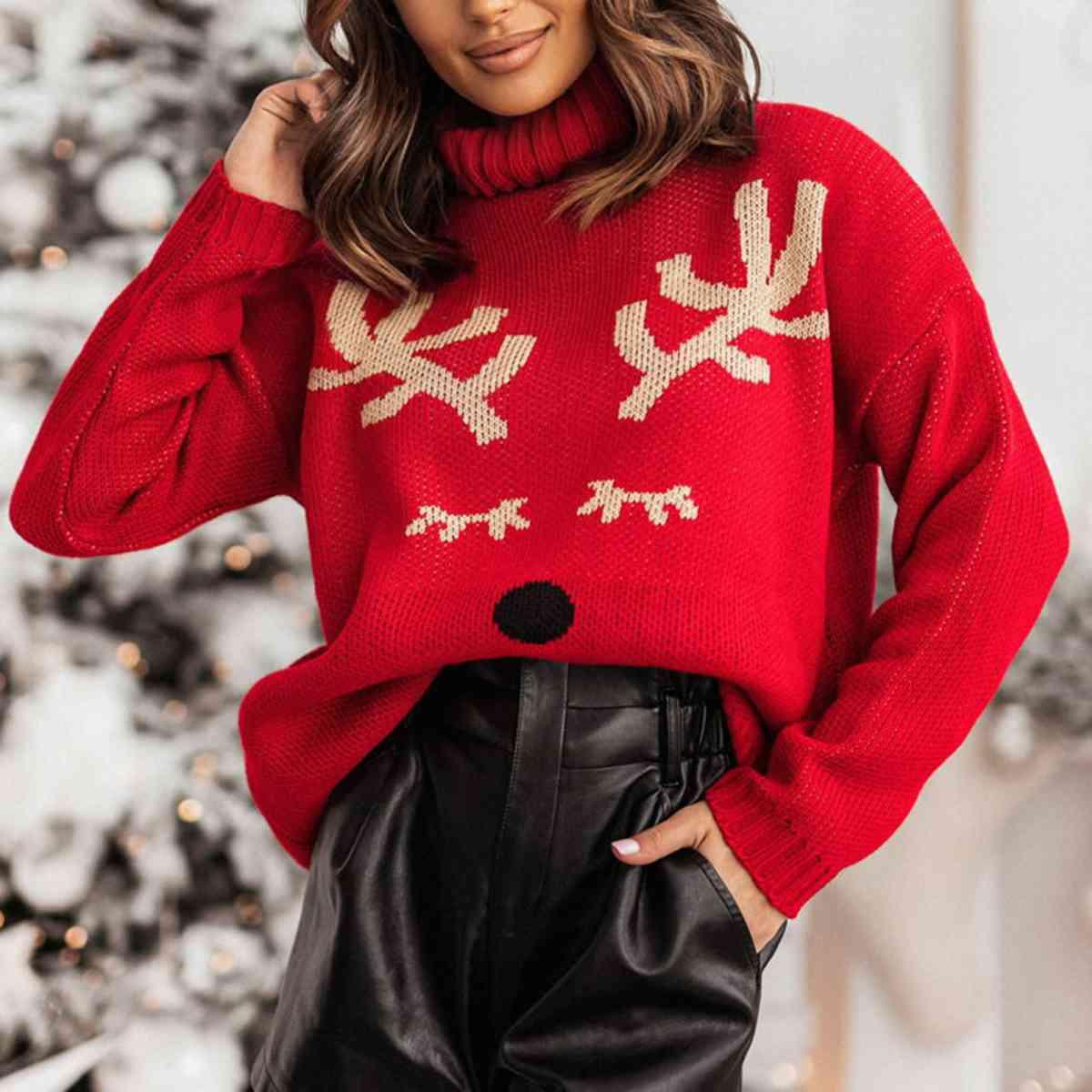 Cozy Christmas Sleigh Red Reindeer Sweater-MXSTUDIO.COM
