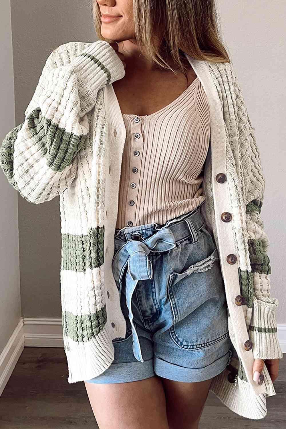 Cozy Cover-Up Striped Button Cardigan-MXSTUDIO.COM