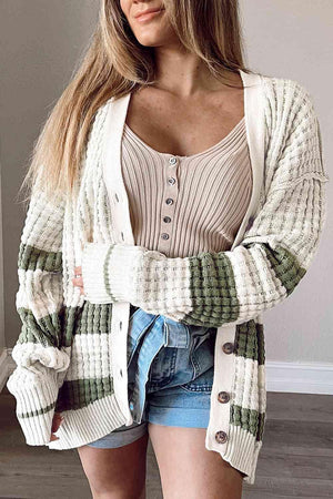 Cozy Cover-Up Striped Button Cardigan-MXSTUDIO.COM