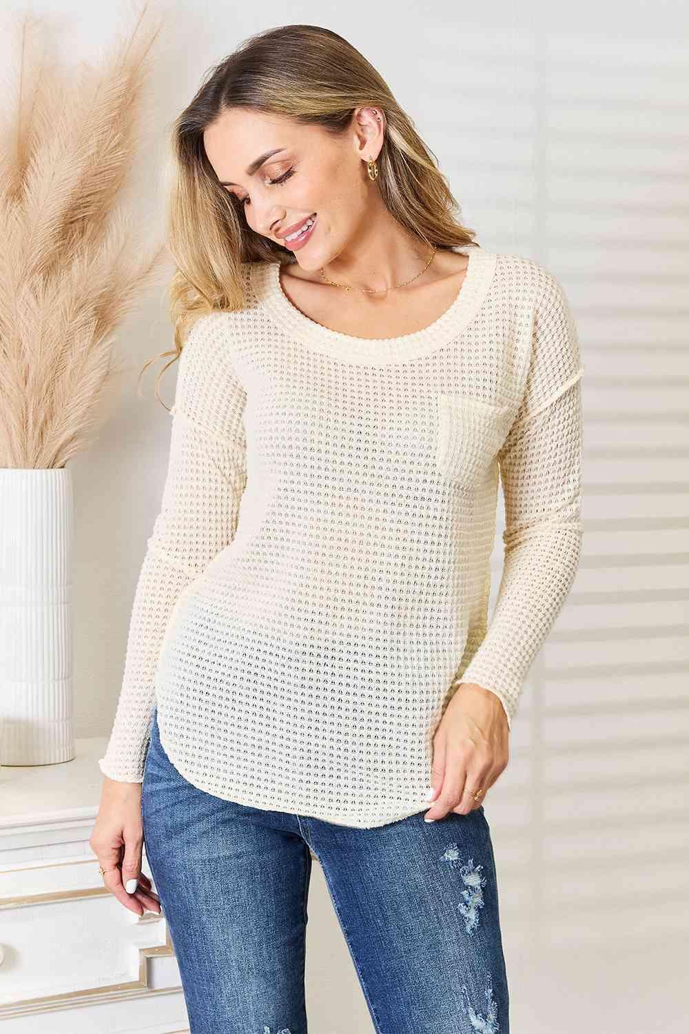 Cozy Cream Patch Pocket Women's Plus Size Knit Top - MXSTUDIO.COM