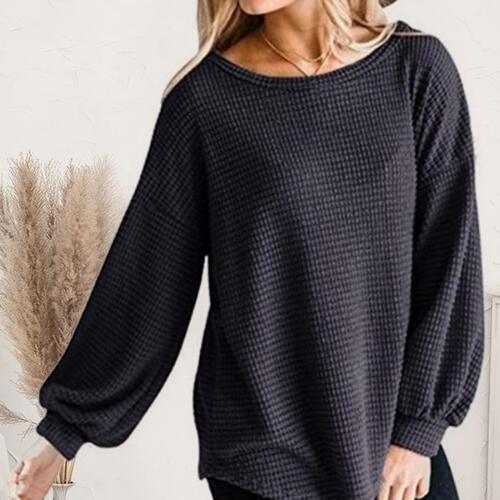 Cozy Day Boat Neck Lantern Sleeve Sweater-MXSTUDIO.COM