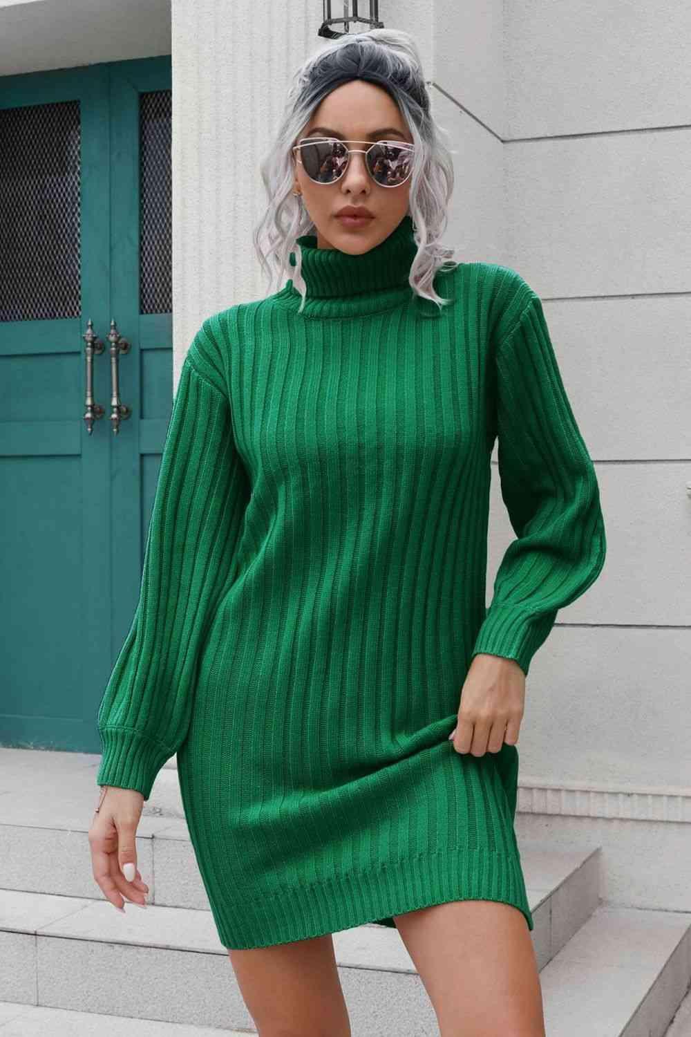 Cozy Deluxe Ribbed Turtleneck Sweater Dress - MXSTUDIO.COM