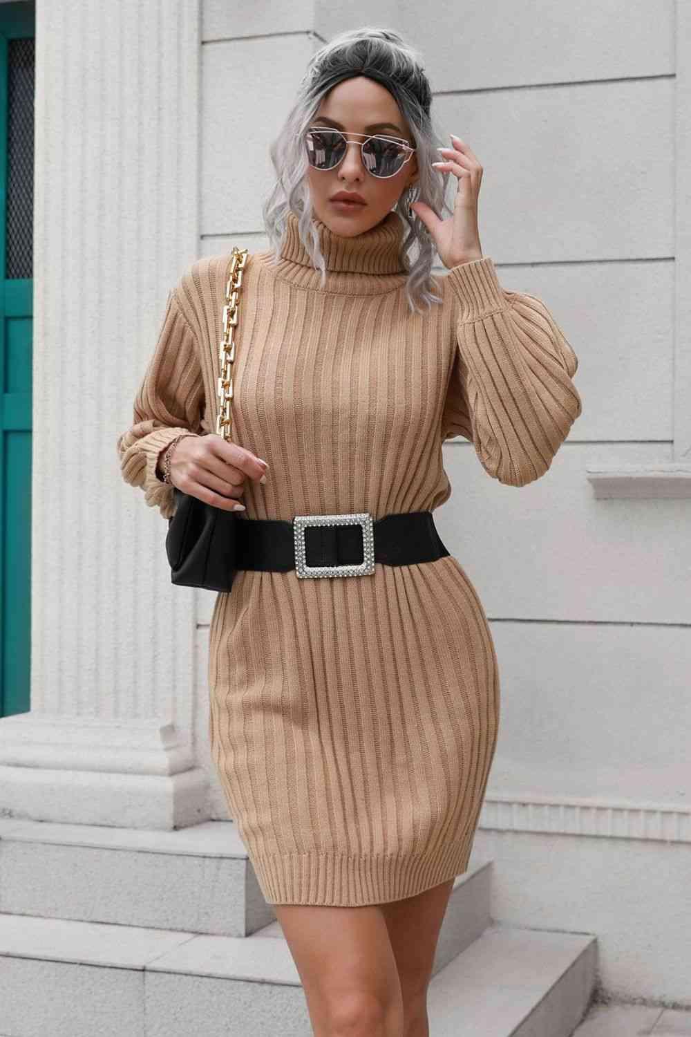 Cozy Deluxe Ribbed Turtleneck Sweater Dress - MXSTUDIO.COM