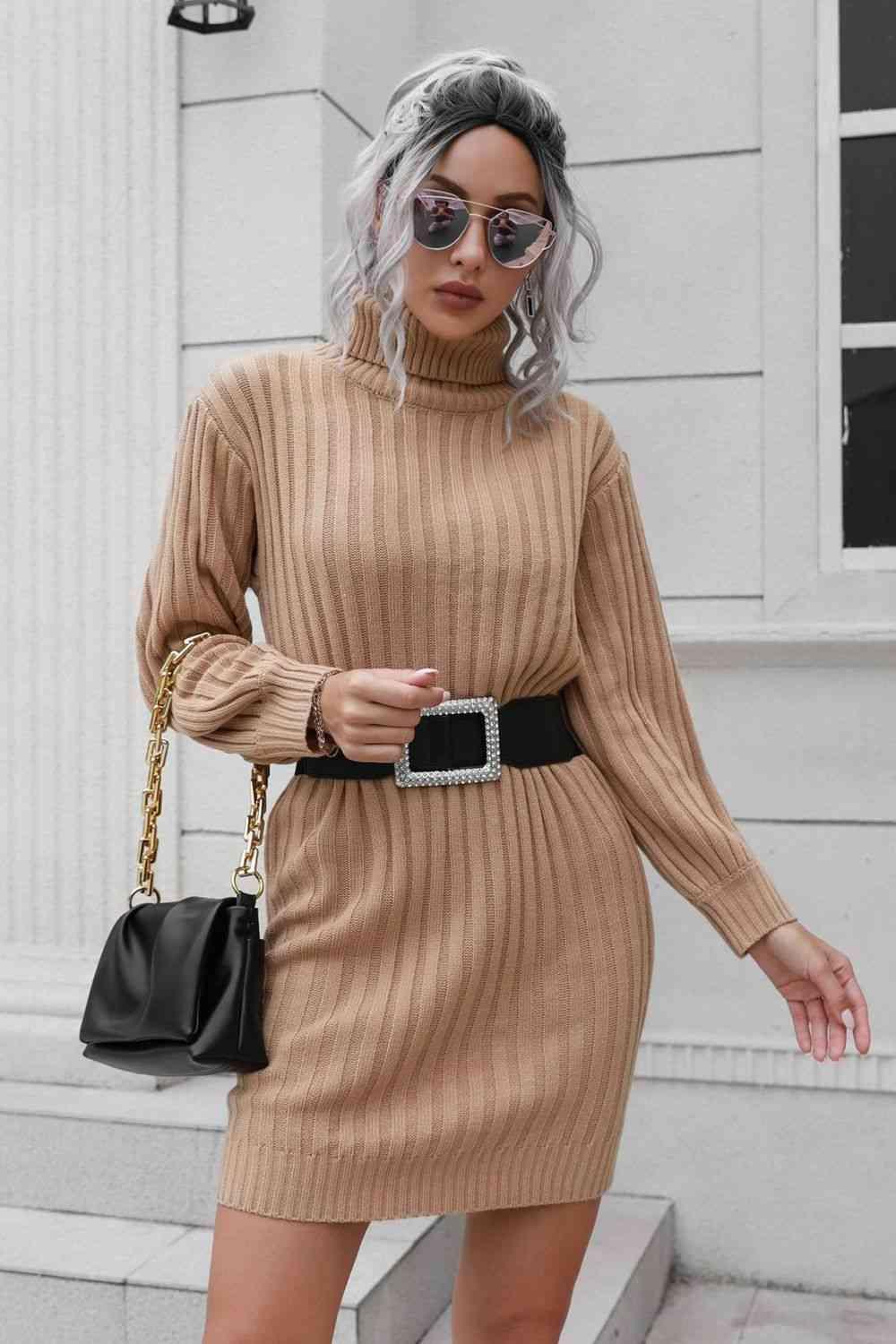 Cozy Deluxe Ribbed Turtleneck Sweater Dress - MXSTUDIO.COM