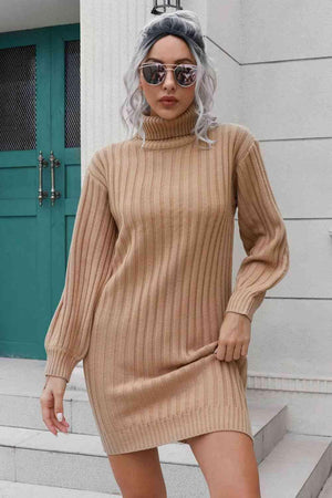 Cozy Deluxe Ribbed Turtleneck Sweater Dress - MXSTUDIO.COM