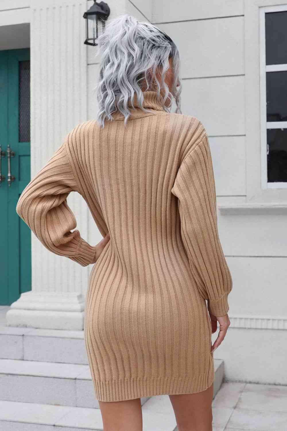 Cozy Deluxe Ribbed Turtleneck Sweater Dress - MXSTUDIO.COM