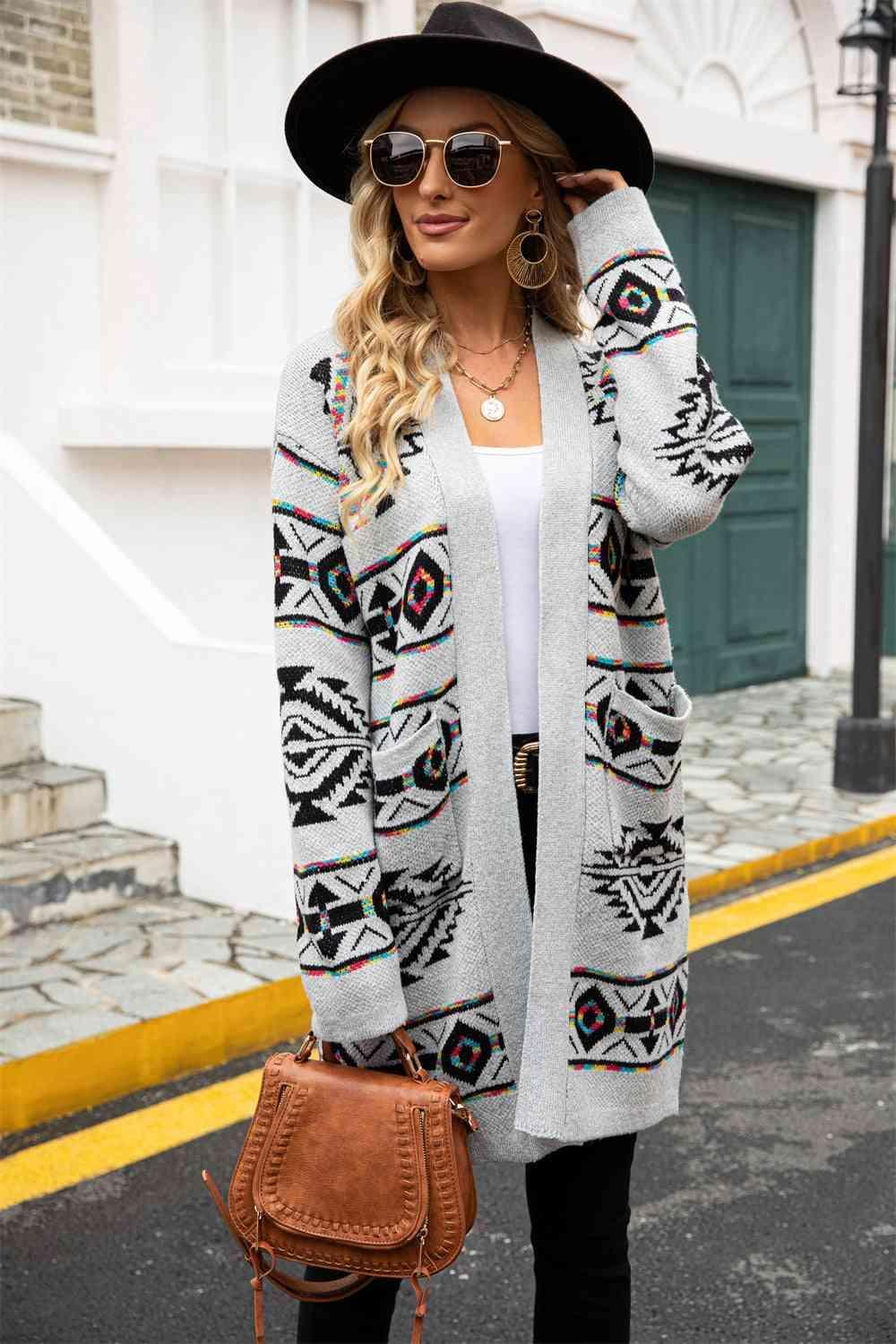 Cozy Embrace Open Front Long Geometric Cardigan - MXSTUDIO.COM