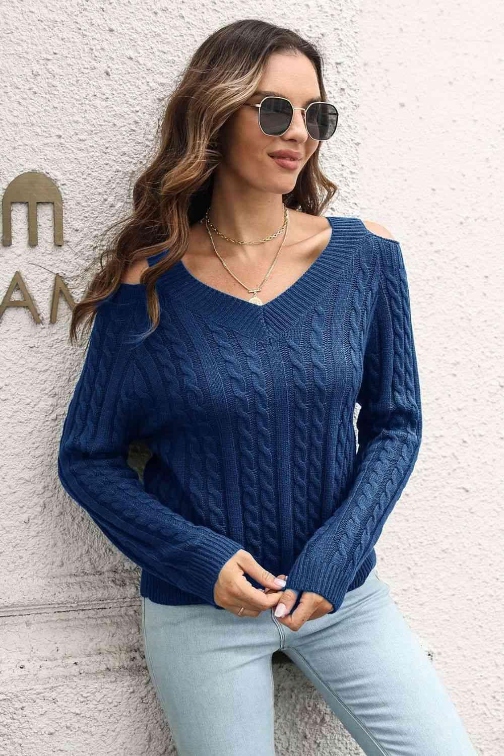 Cozy Era Cold Shoulder Cable Knit Sweater - MXSTUDIO.COM
