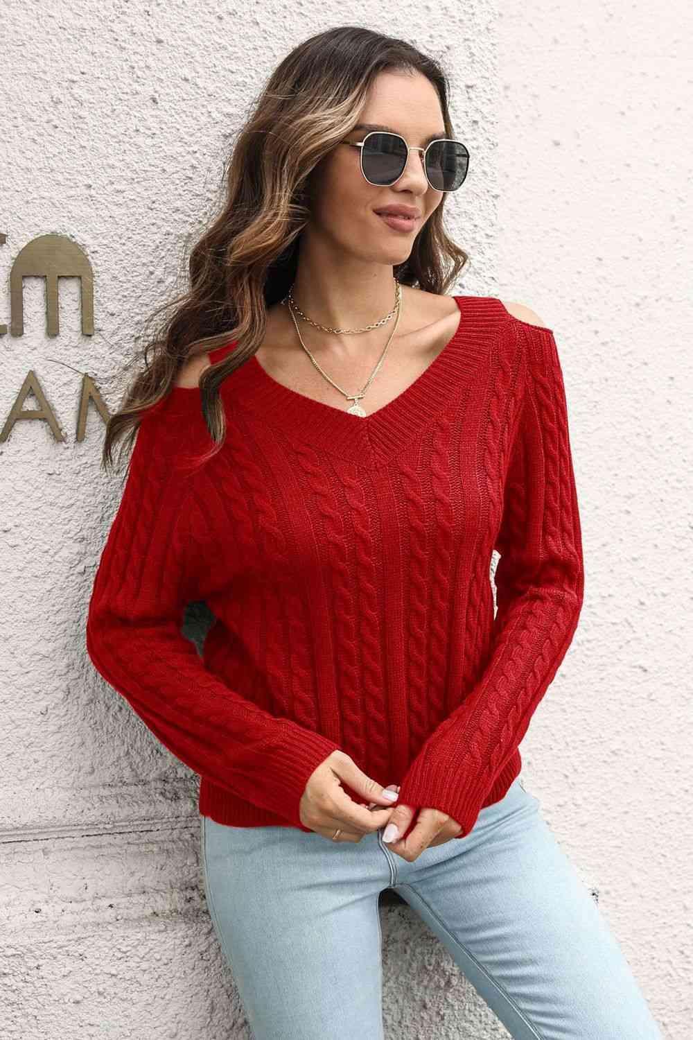 Cozy Era Cold Shoulder Cable Knit Sweater - MXSTUDIO.COM