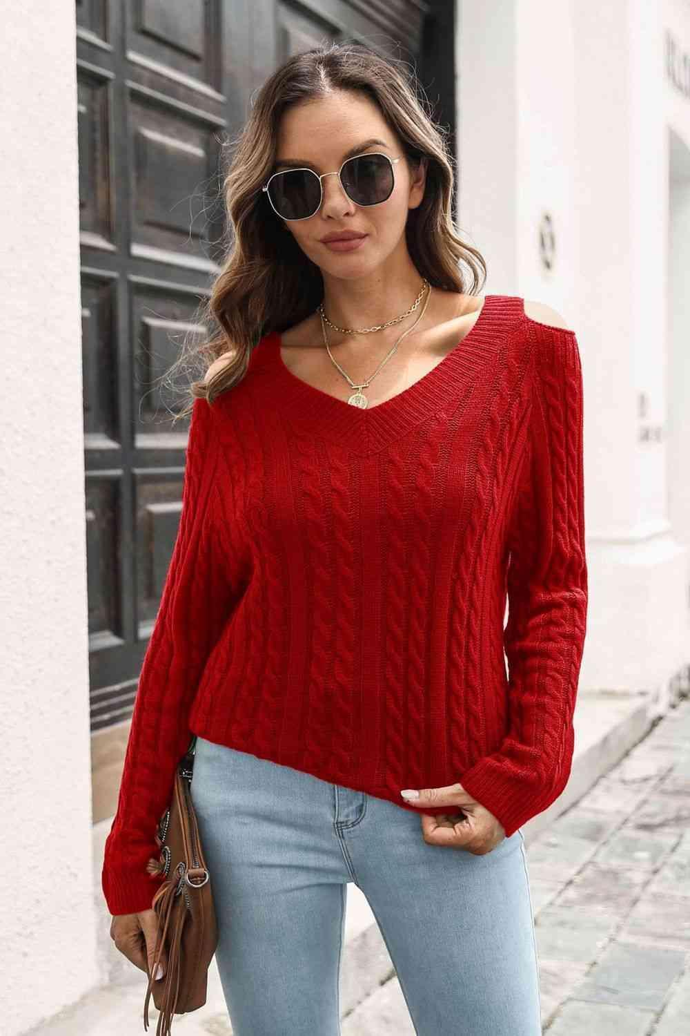 Cozy Era Cold Shoulder Cable Knit Sweater - MXSTUDIO.COM