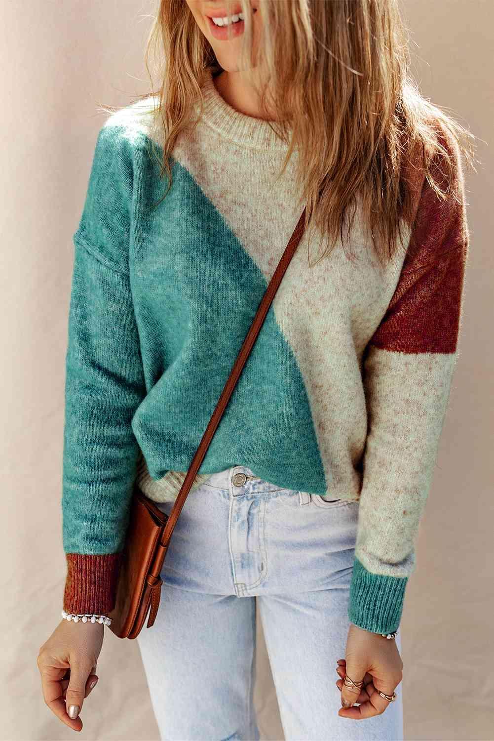 Cozy Everyday Knit Color Block Pullover Sweater-MXSTUDIO.COM