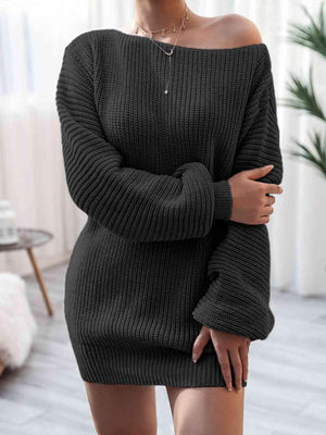 Cozy Fascination Rib-Knit Boat Neck Sweater Dress-MXSTUDIO.COM