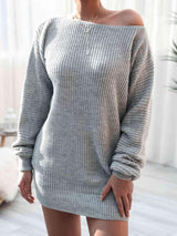 Cozy Fascination Rib-Knit Boat Neck Sweater Dress-MXSTUDIO.COM