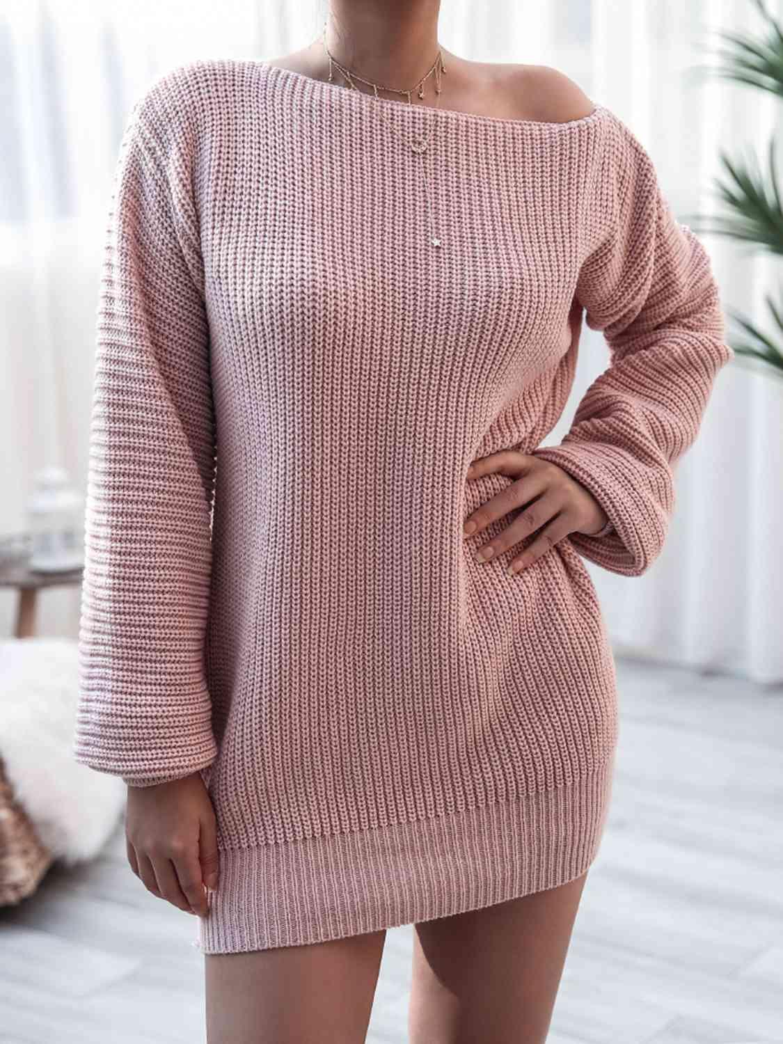 Cozy Fascination Rib-Knit Boat Neck Sweater Dress-MXSTUDIO.COM