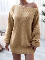 Cozy Fascination Rib-Knit Boat Neck Sweater Dress-MXSTUDIO.COM