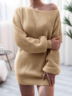 Cozy Fascination Rib-Knit Boat Neck Sweater Dress-MXSTUDIO.COM