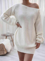 Cozy Fascination Rib-Knit Boat Neck Sweater Dress-MXSTUDIO.COM