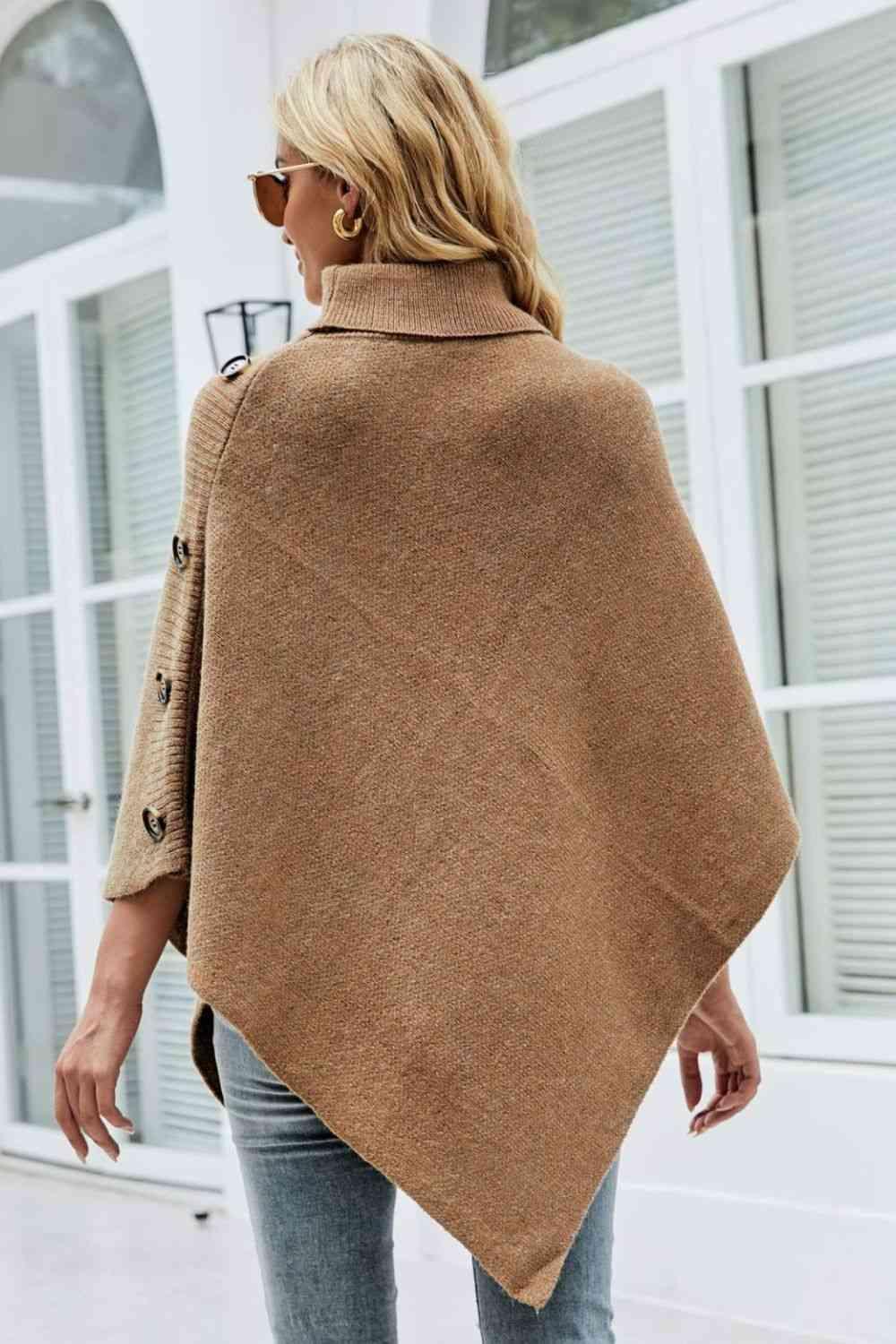 Cozy Fashionista Buttoned Turtle Neck Poncho - MXSTUDIO.COM