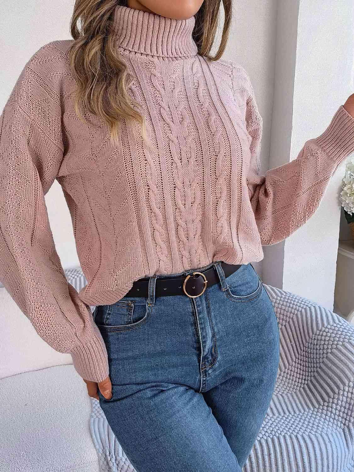 Cozy Favorite Cable Knit Turtleneck Sweater-MXSTUDIO.COM