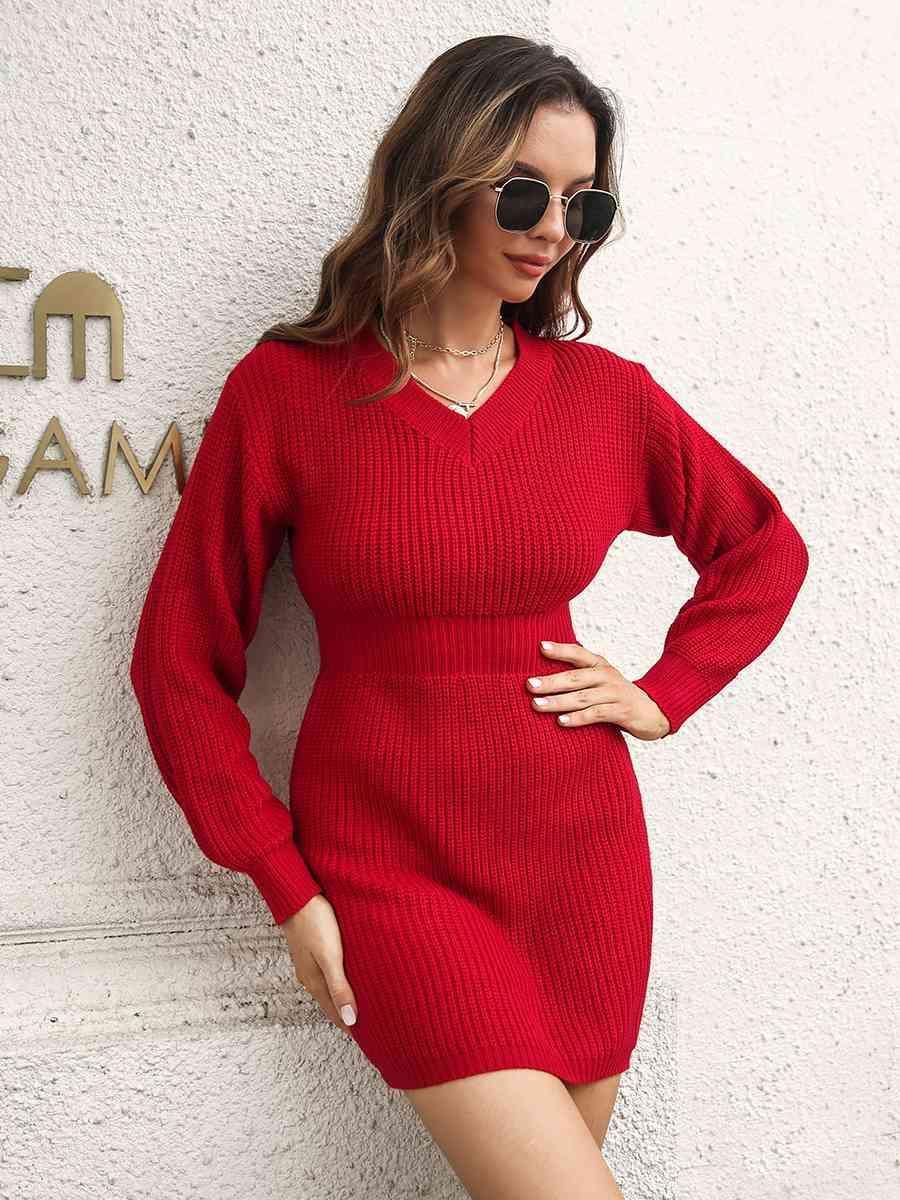 Cozy Fit V-Neck Ribbed Knit Sweater Dress - MXSTUDIO.COM