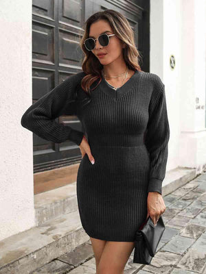 Cozy Fit V-Neck Ribbed Knit Sweater Dress - MXSTUDIO.COM