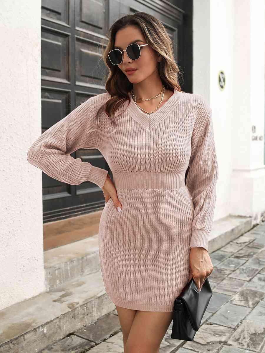 Cozy Fit V-Neck Ribbed Knit Sweater Dress - MXSTUDIO.COM