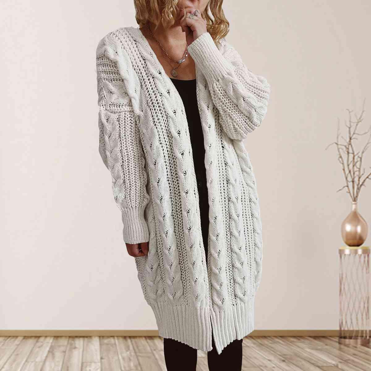 Cozy Flair Open Front Long Cable Knit Cardigan-MXSTUDIO.COM