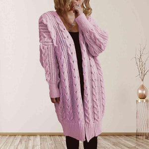 Cozy Flair Open Front Long Cable Knit Cardigan-MXSTUDIO.COM