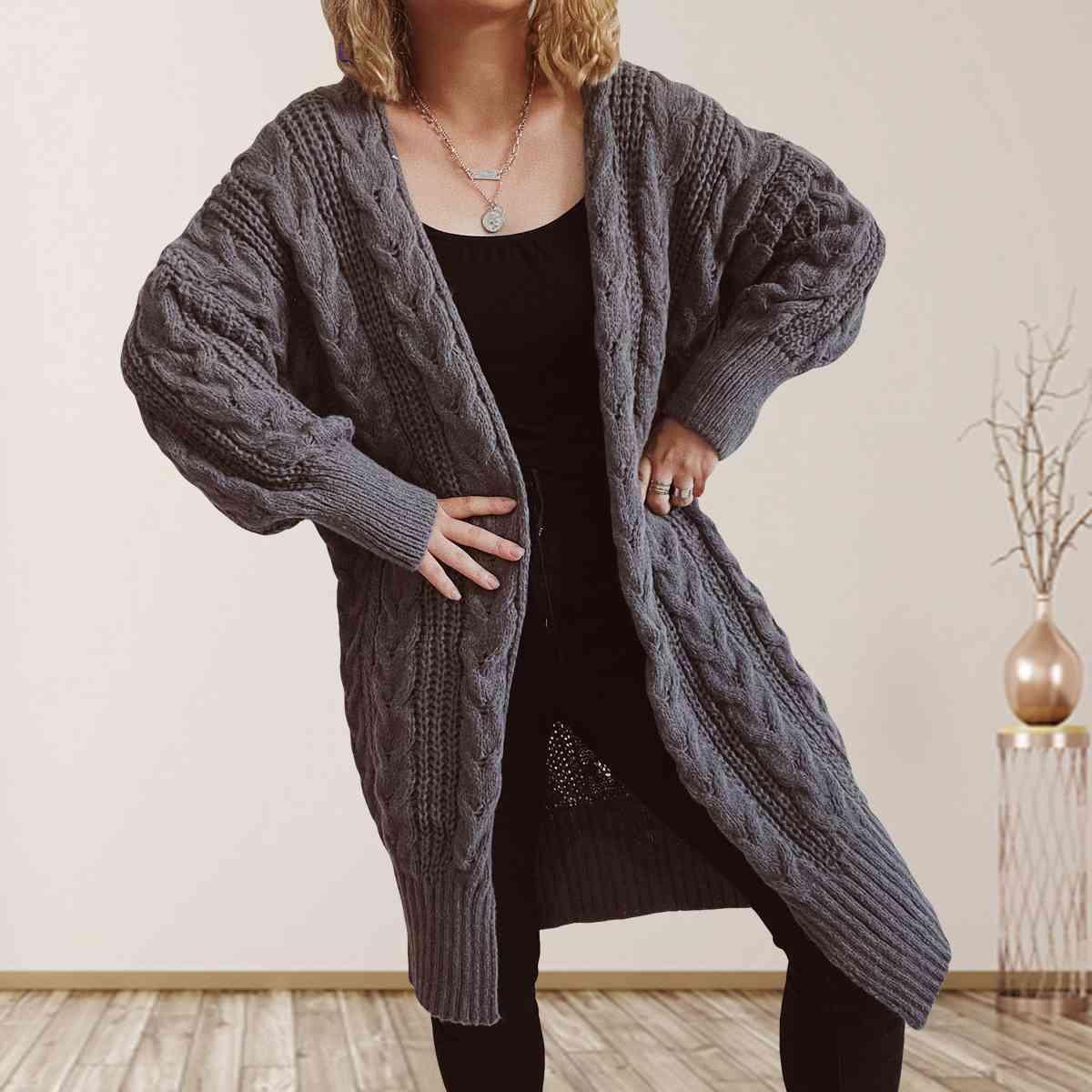 Cozy Flair Open Front Long Cable Knit Cardigan-MXSTUDIO.COM