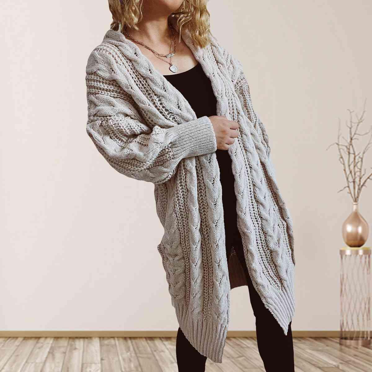 Cozy Flair Open Front Long Cable Knit Cardigan-MXSTUDIO.COM