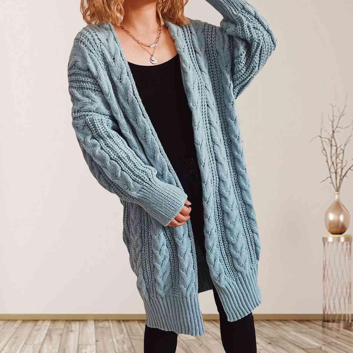 Cozy Flair Open Front Long Cable Knit Cardigan-MXSTUDIO.COM