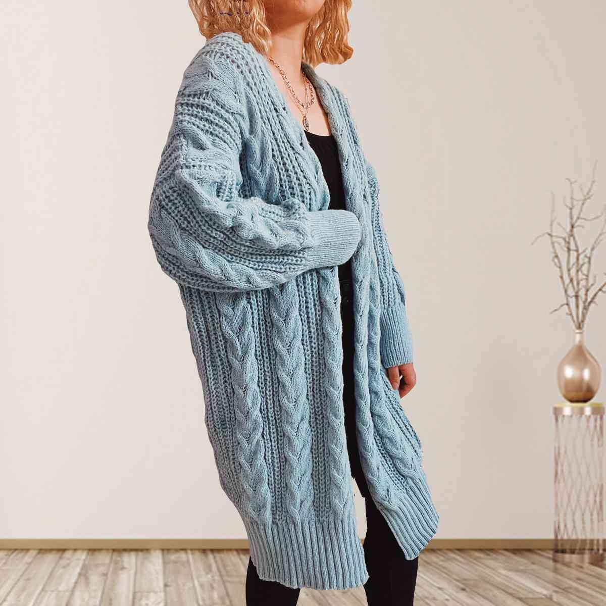 Cozy Flair Open Front Long Cable Knit Cardigan-MXSTUDIO.COM