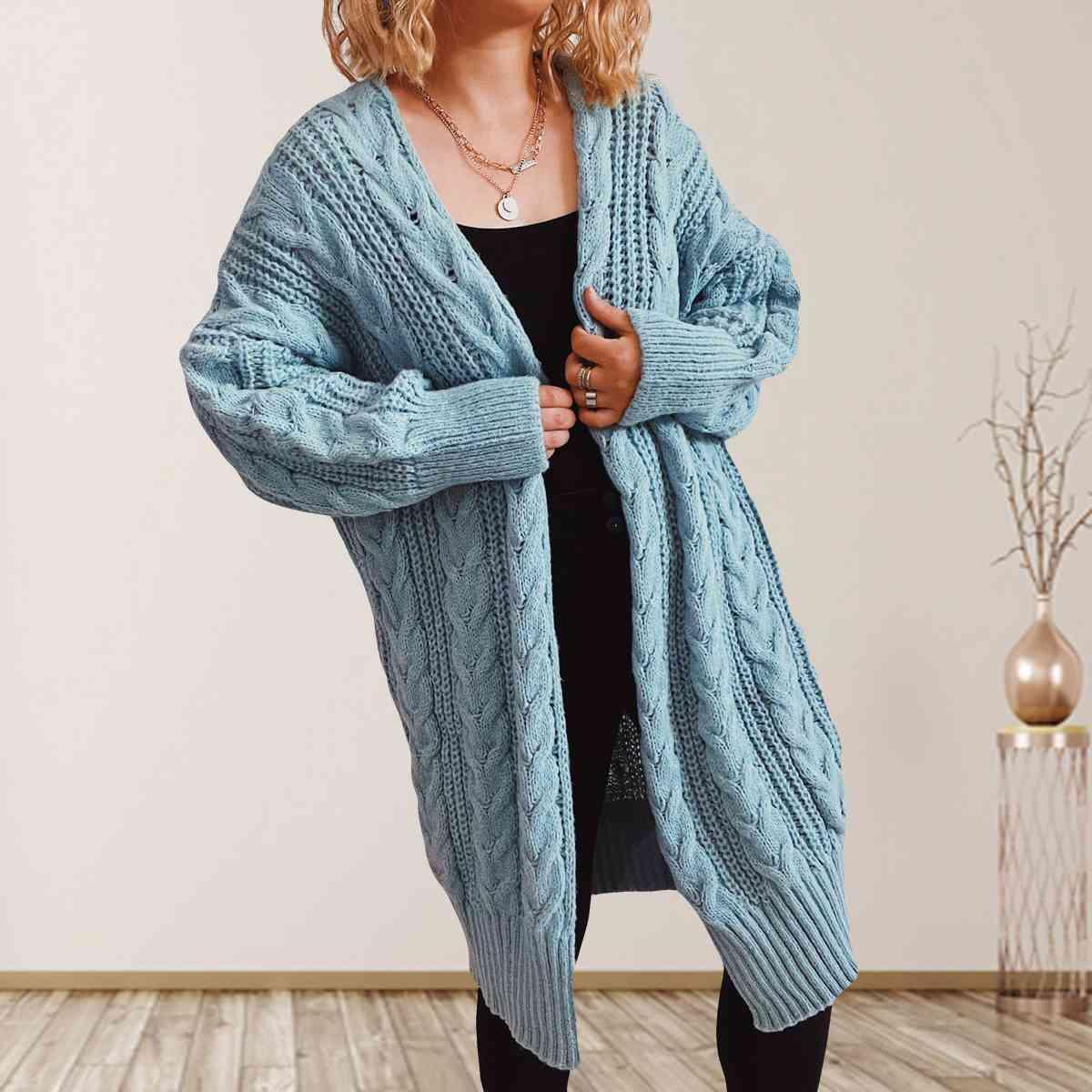 Cozy Flair Open Front Long Cable Knit Cardigan-MXSTUDIO.COM