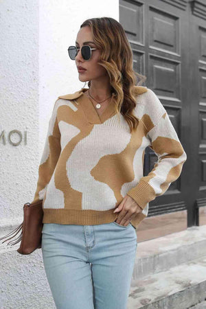 Cozy In Style Two-Tone Collared Pullover Sweater - MXSTUDIO.COM