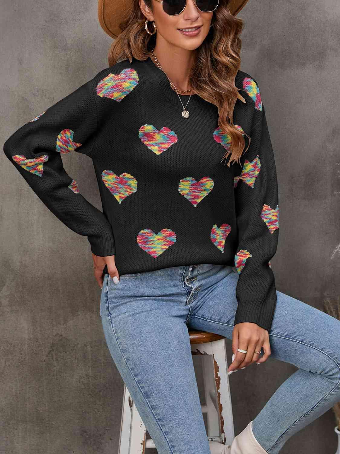 Cozy Love Ribbed Knit Heart Print Sweater-MXSTUDIO.COM