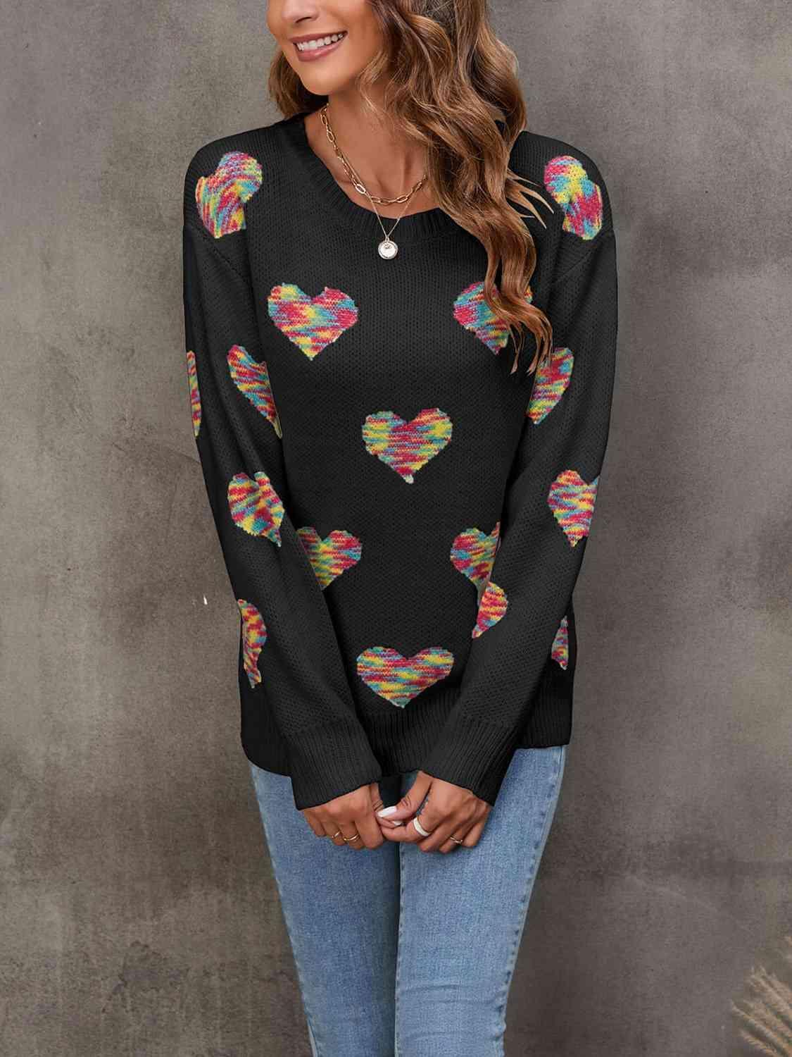 Cozy Love Ribbed Knit Heart Print Sweater-MXSTUDIO.COM