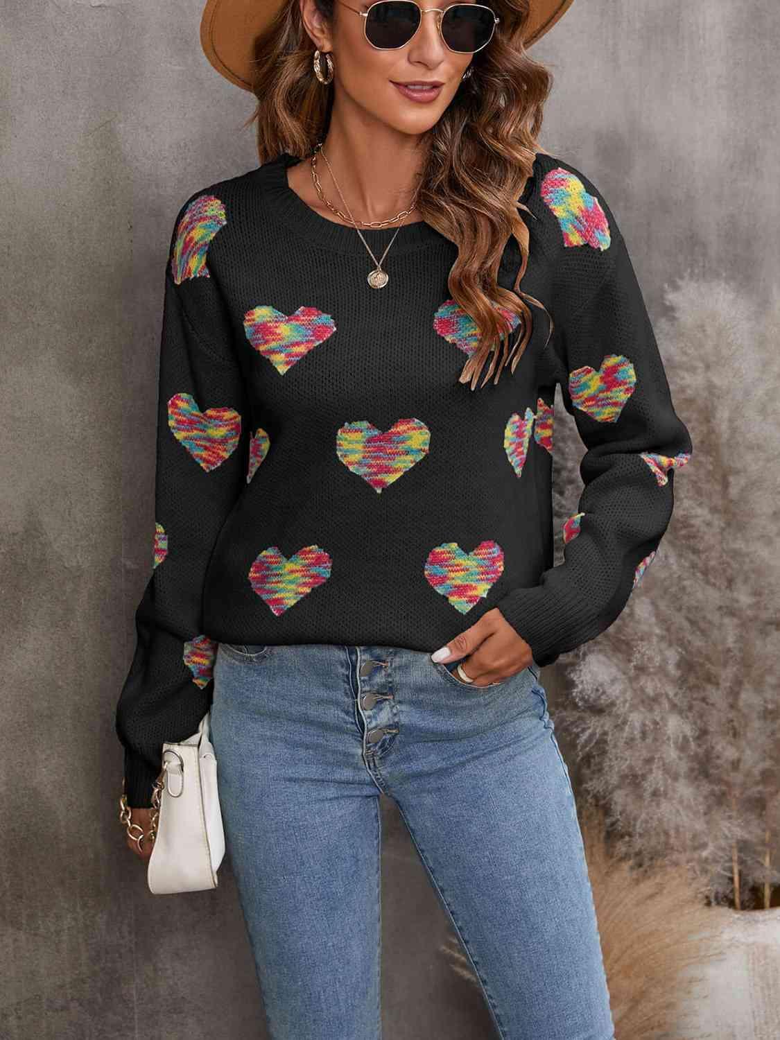 Cozy Love Ribbed Knit Heart Print Sweater-MXSTUDIO.COM