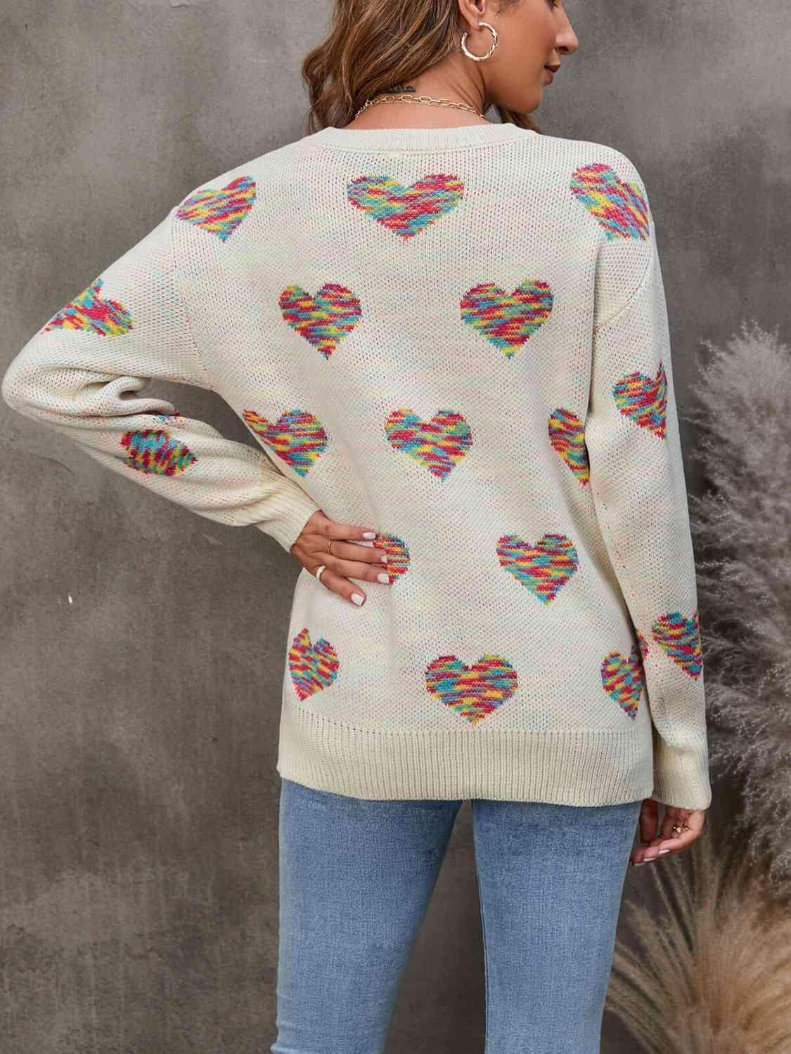 Cozy Love Ribbed Knit Heart Print Sweater-MXSTUDIO.COM