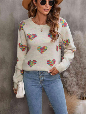 Cozy Love Ribbed Knit Heart Print Sweater-MXSTUDIO.COM