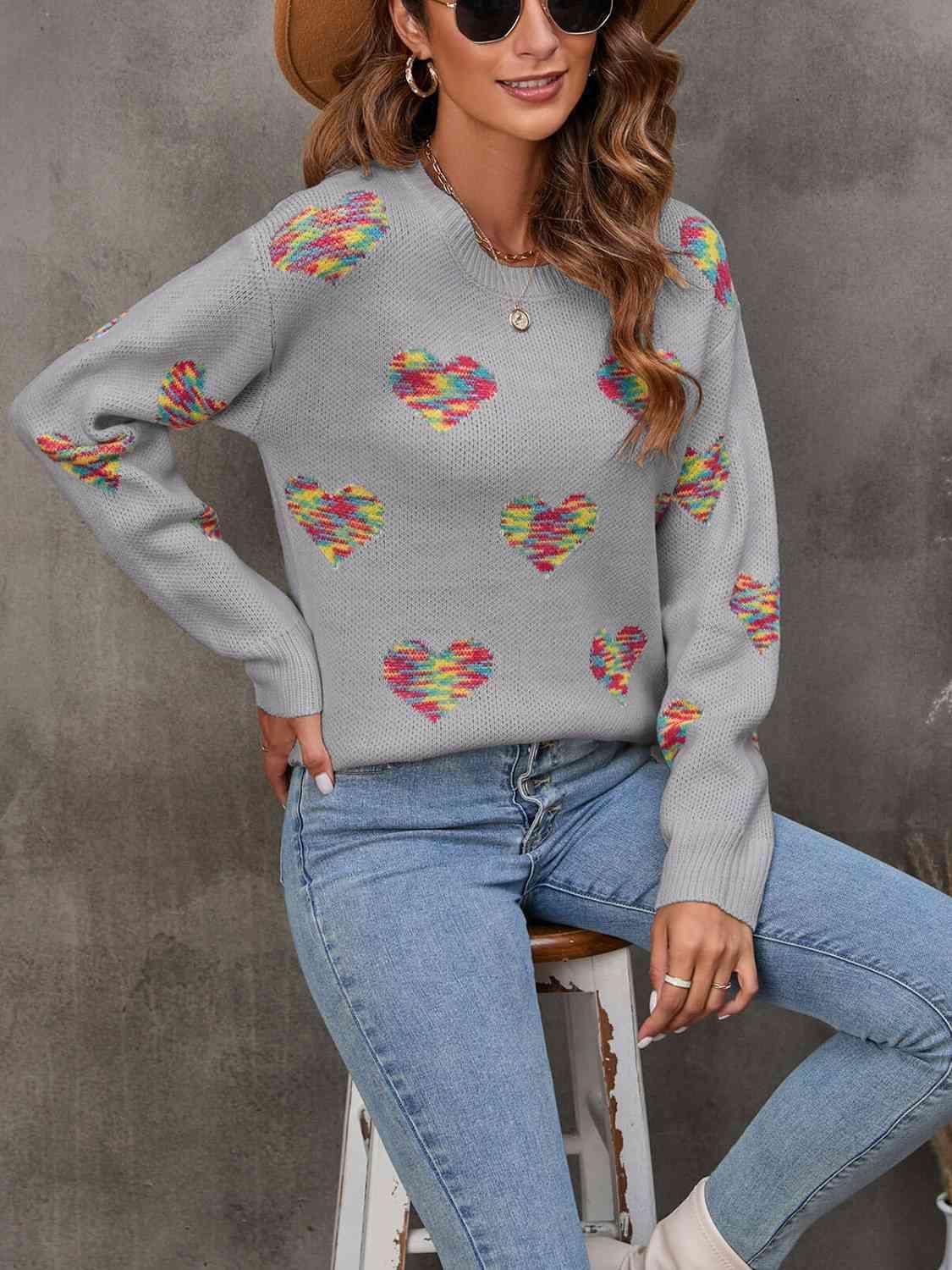 Cozy Love Ribbed Knit Heart Print Sweater-MXSTUDIO.COM