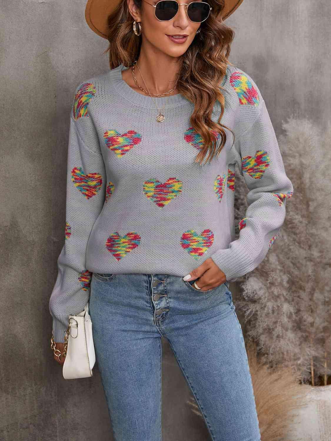 Cozy Love Ribbed Knit Heart Print Sweater-MXSTUDIO.COM