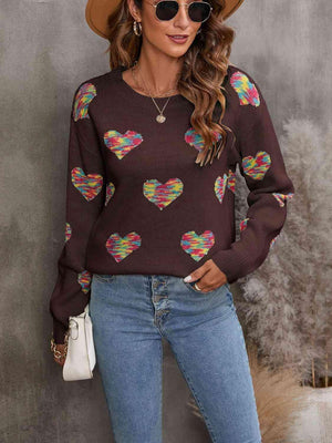 Cozy Love Ribbed Knit Heart Print Sweater-MXSTUDIO.COM