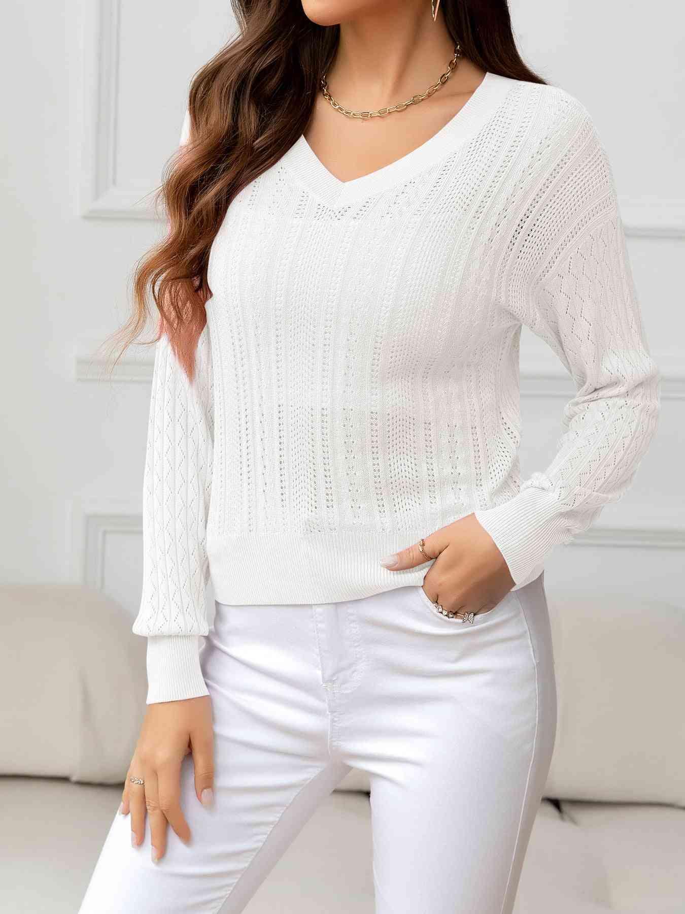 Cozy Minimalist Eyelet V Neck Knit Sweater-MXSTUDIO.COM