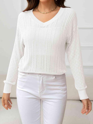 Cozy Minimalist Eyelet V Neck Knit Sweater-MXSTUDIO.COM