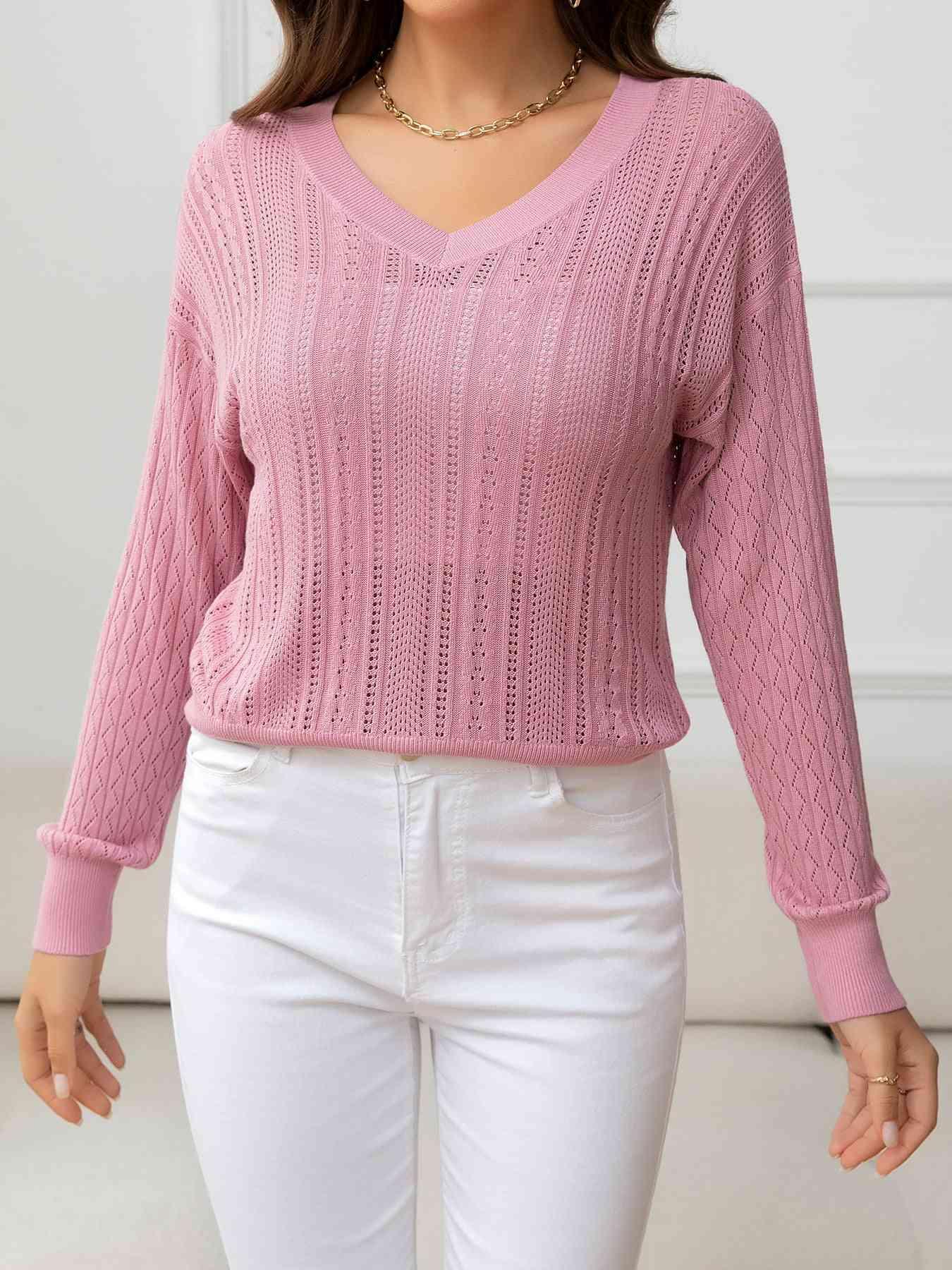 Cozy Minimalist Eyelet V Neck Knit Sweater-MXSTUDIO.COM