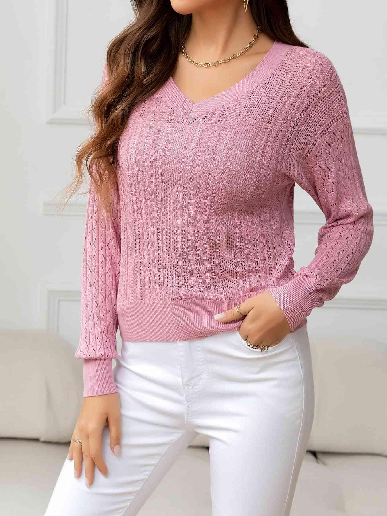 Cozy Minimalist Eyelet V Neck Knit Sweater-MXSTUDIO.COM