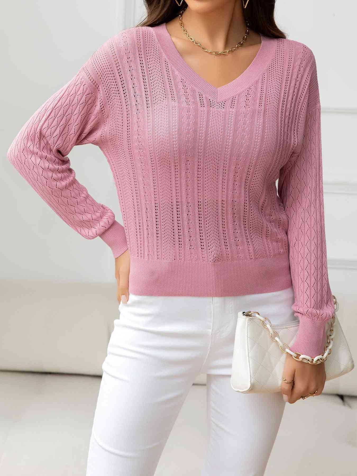 Cozy Minimalist Eyelet V Neck Knit Sweater-MXSTUDIO.COM