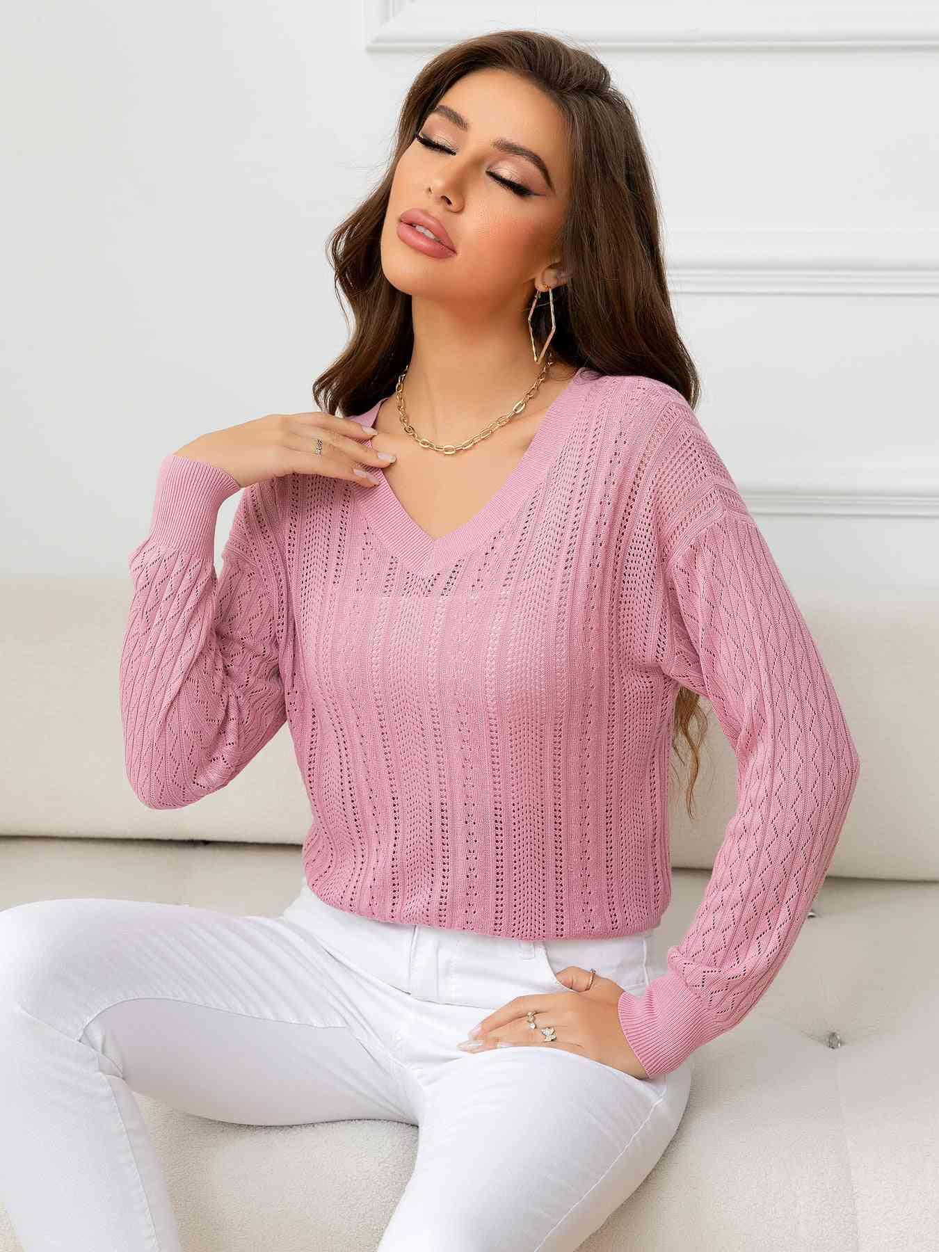 Cozy Minimalist Eyelet V Neck Knit Sweater-MXSTUDIO.COM