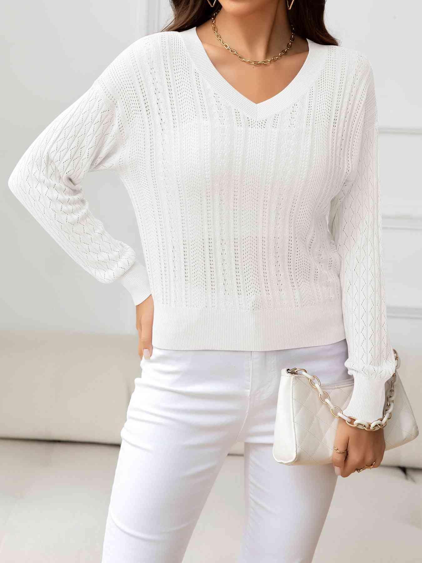 Cozy Minimalist Eyelet V Neck Knit Sweater-MXSTUDIO.COM